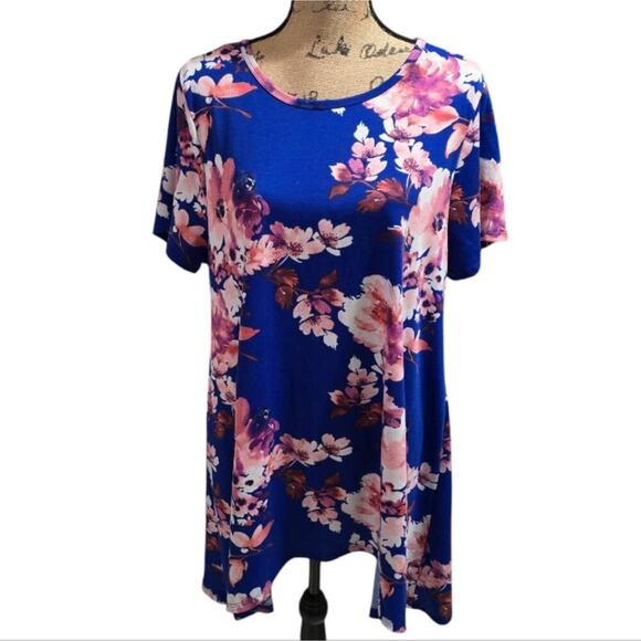 Lularoe Melissa Tunic Top XL Rose Blue Pink Floral NEW Shark Bite Hem - Picture 5 of 8